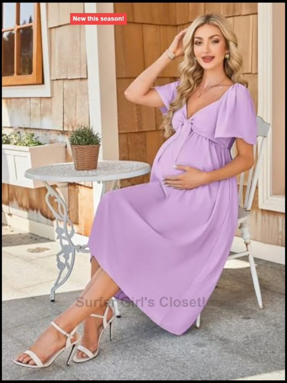 Casual V Neck Bow Tie Smocked High Waist A-Line Flowy Midi Dress with Pockets